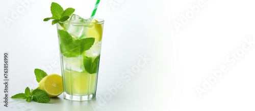 Glass of lemonade with straw and mint leaves