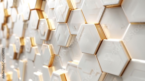 Abstract white luxury background with golden hexagons. 3d rendering