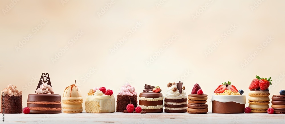 A row of cakes with assorted toppings on display - obrazy, fototapety, plakaty 