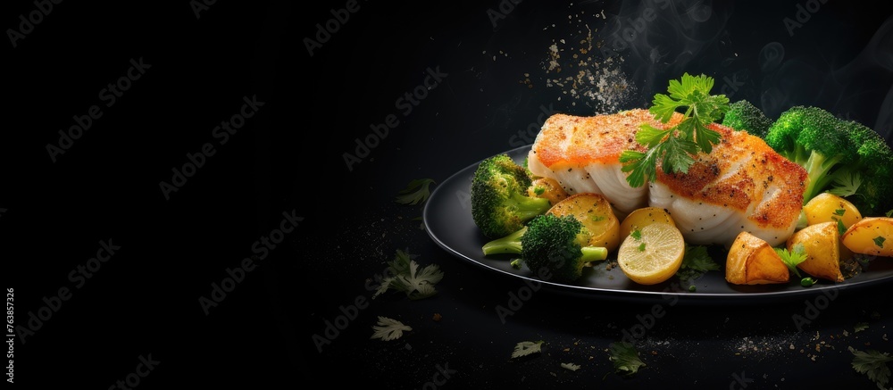 A close up of a plate of food with broccoli and fish