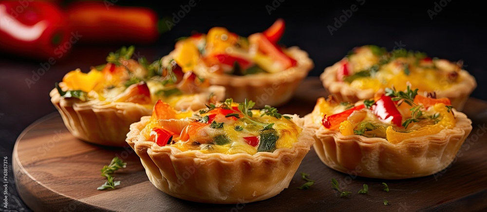 Four Small Quiche Dishes with Vegetables and Cheese on a Wooden Board