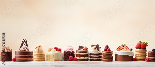A row of cakes with assorted toppings on display