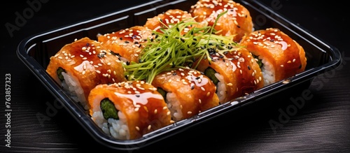 A tray of sushi topped with sesame seeds and drizzled sauce © Ilgun