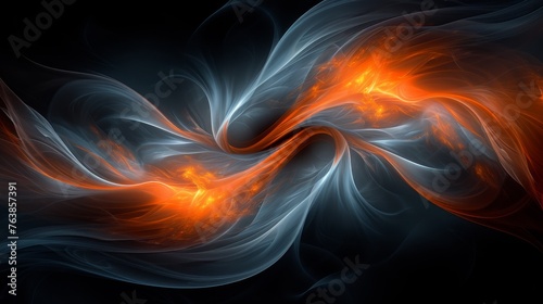 Fiery waves intertwine in a graceful dance, evoking the untamed beauty of a cosmic inferno. This digital artwork captures the dynamic essence of fire and movement. photo