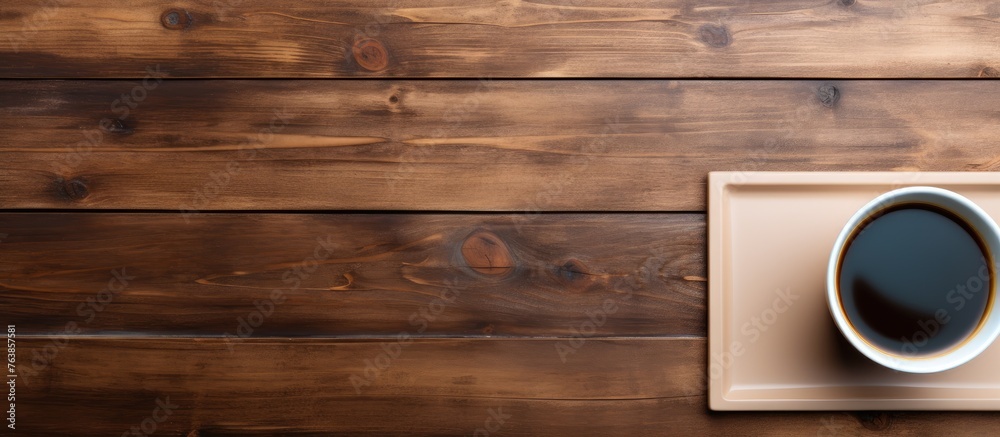 A cup of coffee on a tray on a wooden table A cup of coffee on a tray on a wooden table