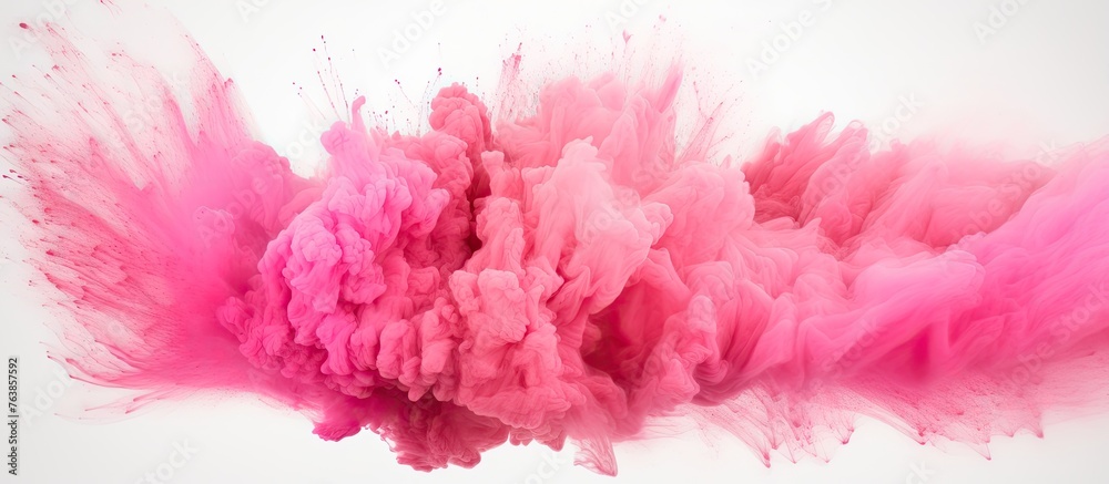 Magenta smoke rises from the water, resembling petals of a pink flower blooming in a tree. The natural material against a white canvas creates a freezing yet ethereal display