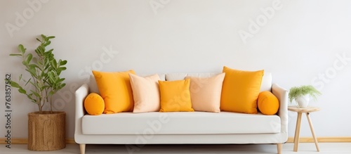 A white sofa with orange cushions and a potted plant in a modern living space