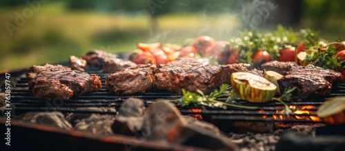Many meats and vegetables sizzling on a grill photo