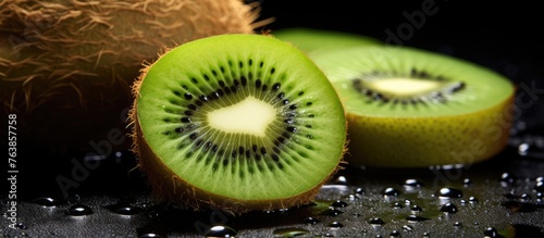 Kiwi fruit sliced in half on a table photo