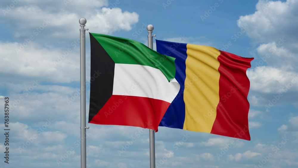 Romania and Kuwait two flags waving together, looped video, two country cooperation concept Romania and Kuwait two flags waving together, looped video, two country cooperation concept