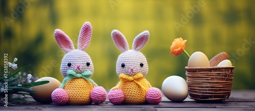 Two rabbits by eggs basket