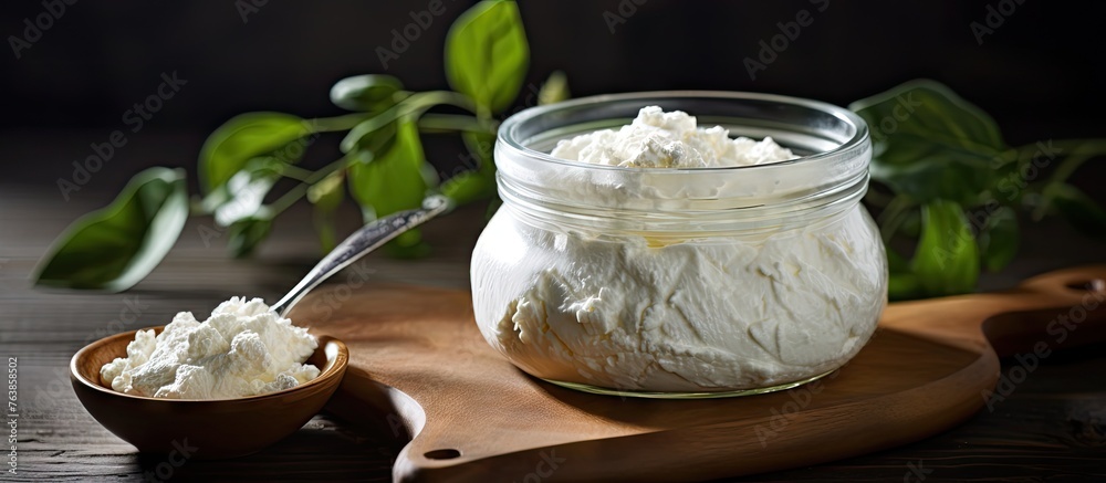 Jar of whipped cream on wooden surface