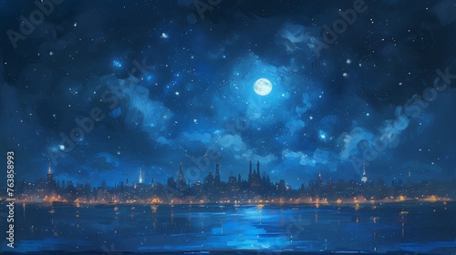 A fantastical cityscape sprawls under a star-filled sky  with the moon casting a dreamlike glow over the serene waters. The scene merges reality with imagination  creating a sense of wonder.