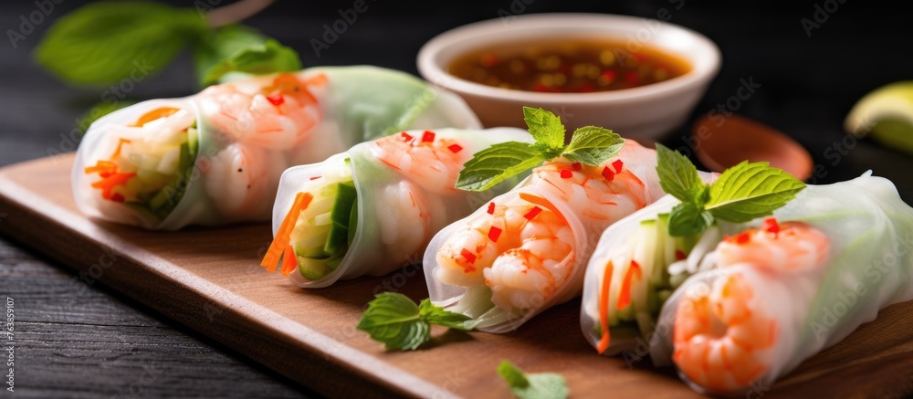 Rolls of food on wooden board with dipping sauce Rolls of food on wooden board with dipping sauce