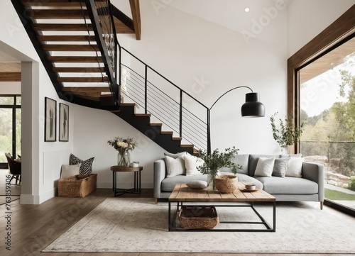 home interior design of modern living room with wooden staircase. © Arhitercture