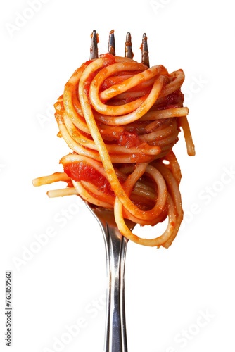 silver fork with pasta, tomatoes sauce and basil leaf isolated on white background