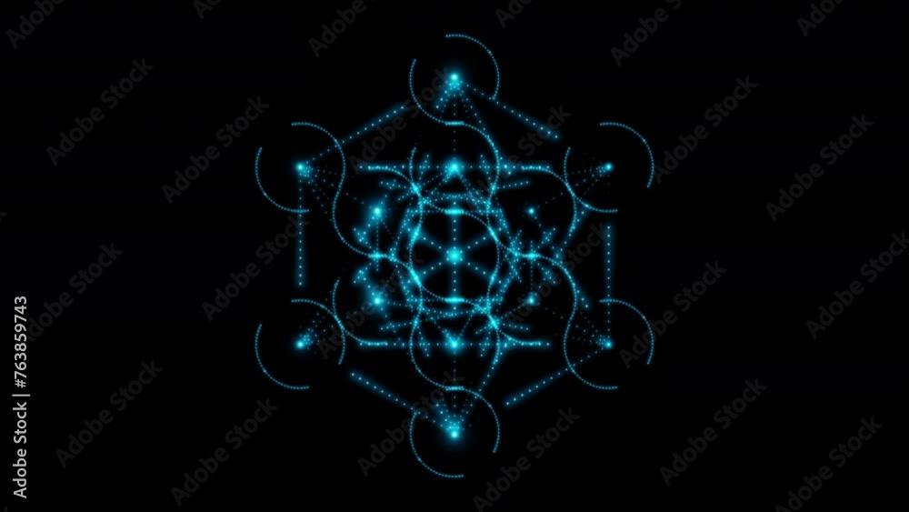 Glowing neon Metatron Cube, consisting of many small blue flashing dots, light bulbs. Sacred geometry. 4k 3d loop animation 60 fps.