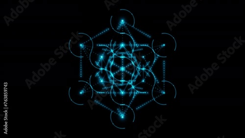 Glowing neon Metatron Cube, consisting of many small blue flashing dots, light bulbs. Sacred geometry. 4k 3d loop animation 60 fps. photo