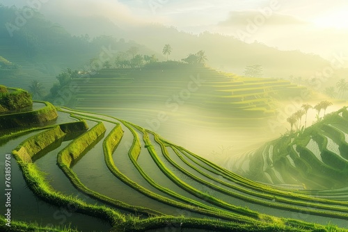Terraced rice fields and misty morning in Sapa Vietnam.