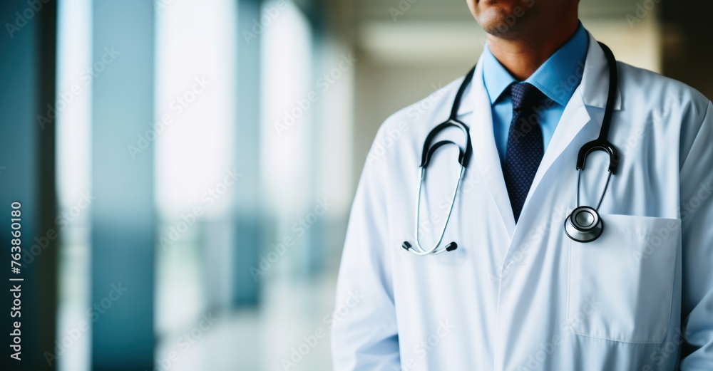 Mid-section of male doctor with stethoscope in hospital, space for text, blurred background Mid-section of male doctor with stethoscope in hospital, space for text, blurred background
