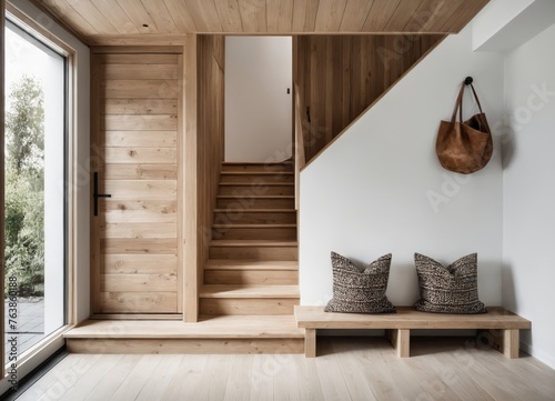 Wooden staircase in scandinavian rustic style interior 