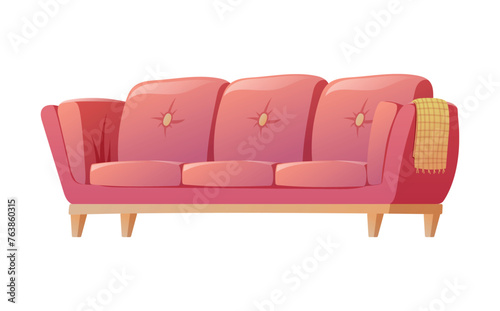 Soft comfortable home red sofa with a blanket. Living room interior decoration. Vector isolated cartoon illustration.