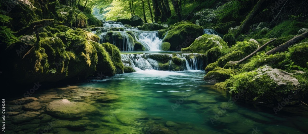 A river flowing amid lush greenery with scattered rocks A river flowing amid lush greenery with scattered rocks