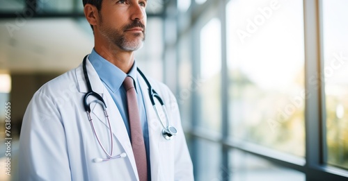 Mid-section of male doctor with stethoscope in hospital, space for text, blurred background