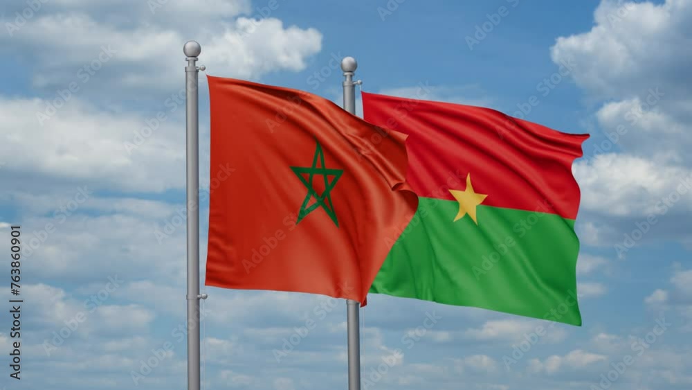 Burkina Faso and Morocco two flags waving together, looped video, two country relations concept Burkina Faso and Morocco two flags waving together, looped video, two country relations concept