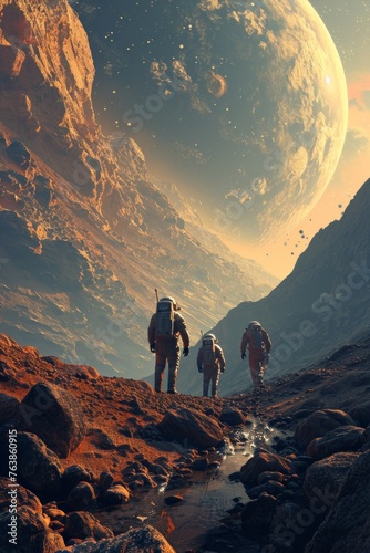 Three astronaut trekking across rocky terrain with a large planet celestial body looming in the sky of universe sci-fi with vertical style