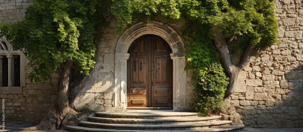 Stone building entrance with wooden door and stairs