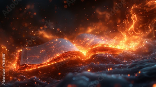 An open book glows with fiery embers against a dark background, sparks rising as if magic is coming to life. The scene evokes a sense of ancient knowledge awakening.