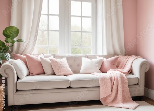 Cozy home place, pink and white pillows and blanket on sofa near window.