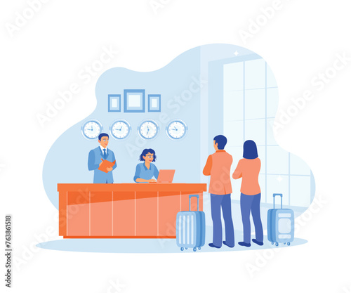 Male and female receptionists are standing at the work desk. Serve visitors in a friendly manner. Hotel Receptionist concept. Flat vector illustration.