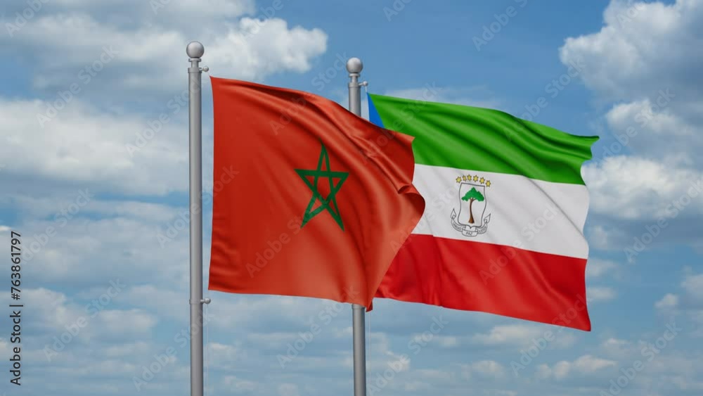 Equatorial Guinea and Morocco two flags waving together, looped video, two country relations concept