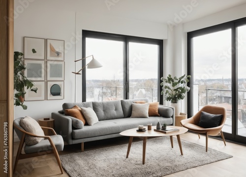 Cozy sofa in studio apartment in penthouse. Scandinavian  mid century home interior