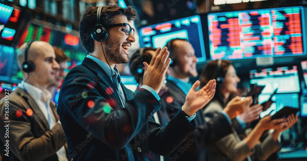 A group of business people in the stock exchange, wearing headsets and holding clipboards while cheering for an online trading platform on their computers