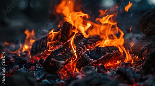 Close-up a bonfire of burning wood with glowing coals and sparks