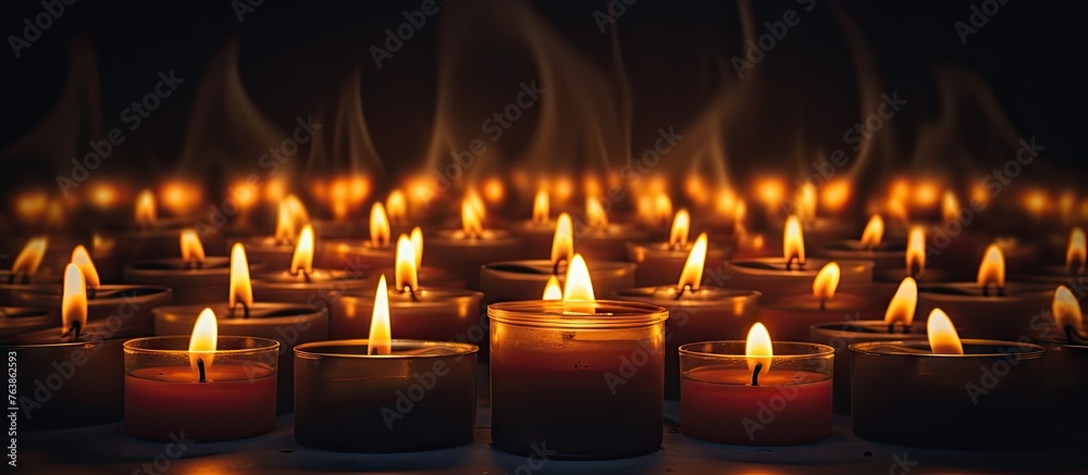 Row of lit candles in a dark room Row of lit candles in a dark room