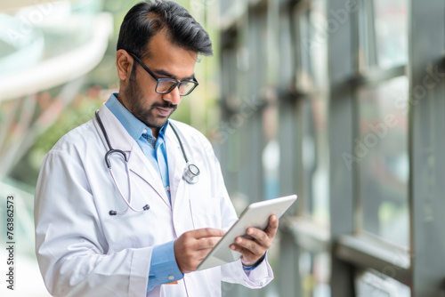 Young indian male doctor using tablet computer at hospital. Medical and healthcare concept.