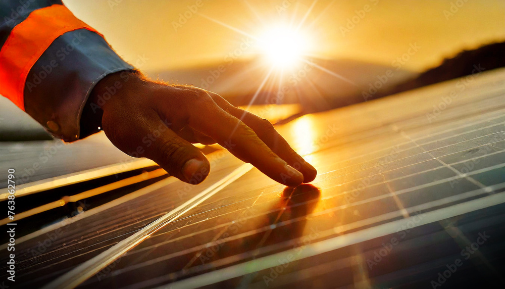Close-up of a hand of professional maintenance male engineer touching with the palm of your hand industrial solar panel generating electricity at sunset or sunrise. Green energy concept. Generative Ai - obrazy, fototapety, plakaty 