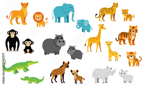 African animals illustration. Game of find baby mother. Simple drawing of lioness, lion cub, monkey, giraffe, elephant, tiger and other.