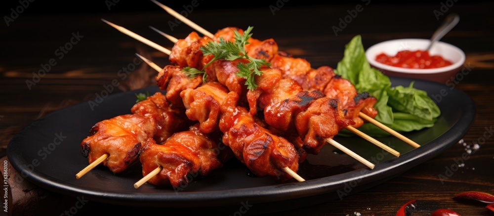 A plate of chicken skewers with marinade and salad