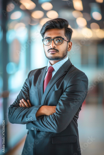 Portrait of young indian businessman standing with arms crossed in office