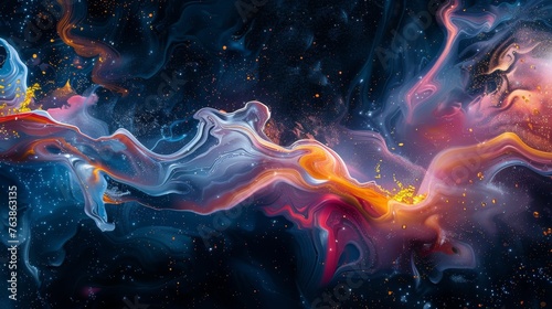 Abstract visualization of smoke flow with a vivid blend of cosmic colors and sparkling accents, suggesting a nebula in motion. photo