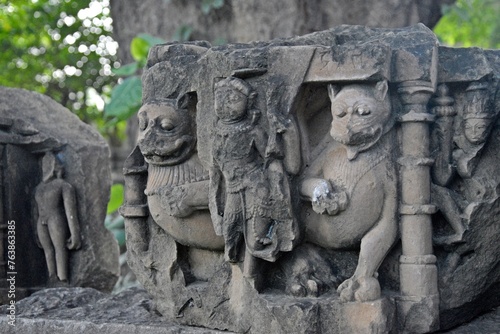 Ancient stone carvings at UNESCO World Heritage site  Khajuraho temples  Madhya Pradesh  India.