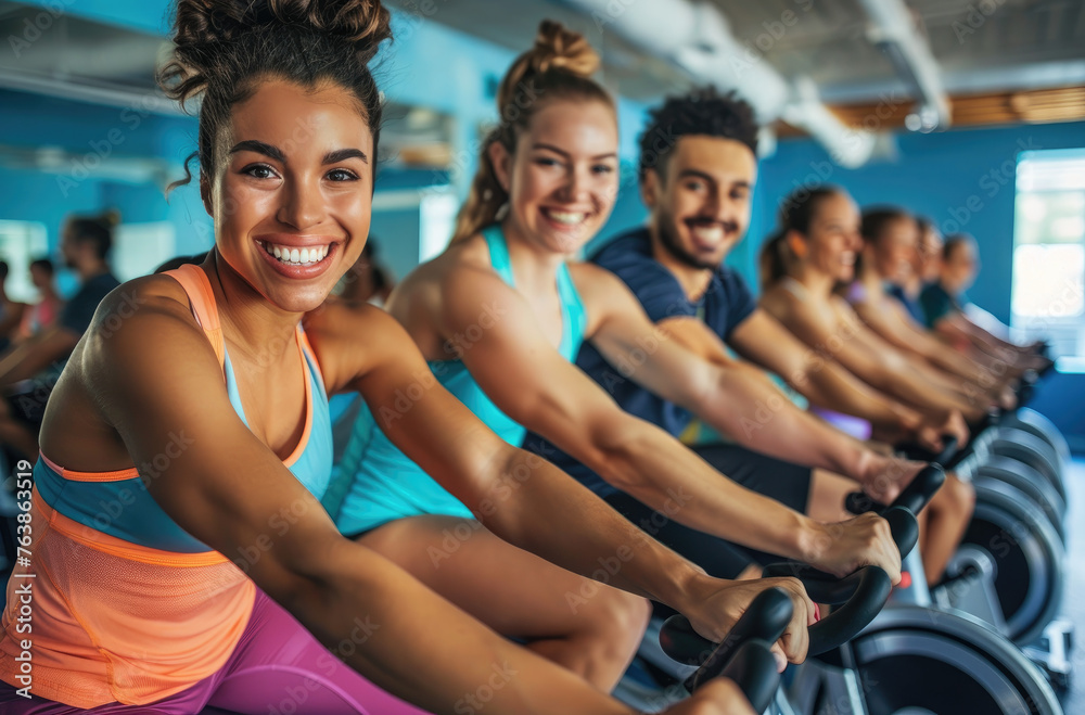 A group of people were riding spinning bikes in the gym, smiling and wearing brightly colored athletic wear like green or blue. They looked focused on their bikes while doing fitness training