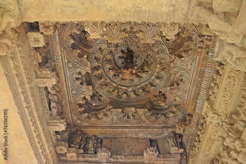 Decorative architectural ceiling with intricate patterns and designs. at Khujraho, Madhya Pradesh, India 