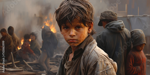 homeless dirty boy looking at the camera against the backdrop of devastation and disadvantaged people, copy space photo