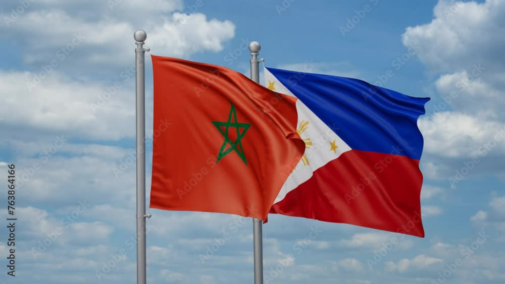 Philippines and Morocco two flags waving together, looped video, two country cooperation concept